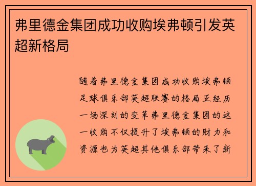弗里德金集团成功收购埃弗顿引发英超新格局 弗里德金集团成功收购埃弗顿引发英超新格局